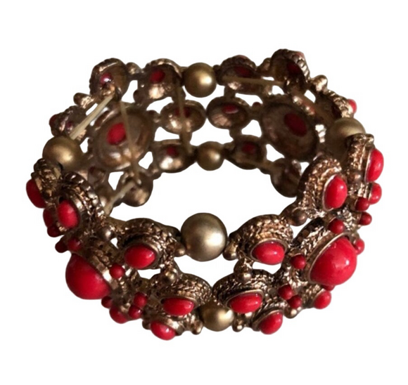 Red Coral Beaded Gold Tone Stretch Bracelet - Picture 1 of 8